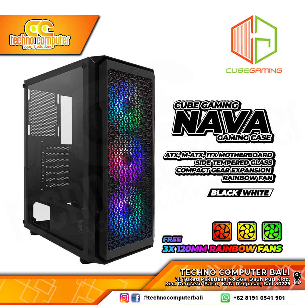 CASING CUBE GAMING NAVA Black - Mid Tower ATX Case Tempered Glass (Free 3x RGB Fan)