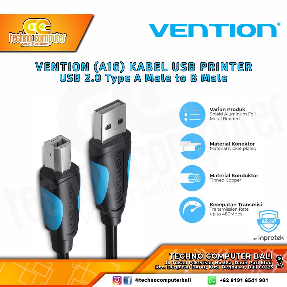 VENTION USB PRINTER - USB 2.0 Type A Male to B Male Printer - A16 1M