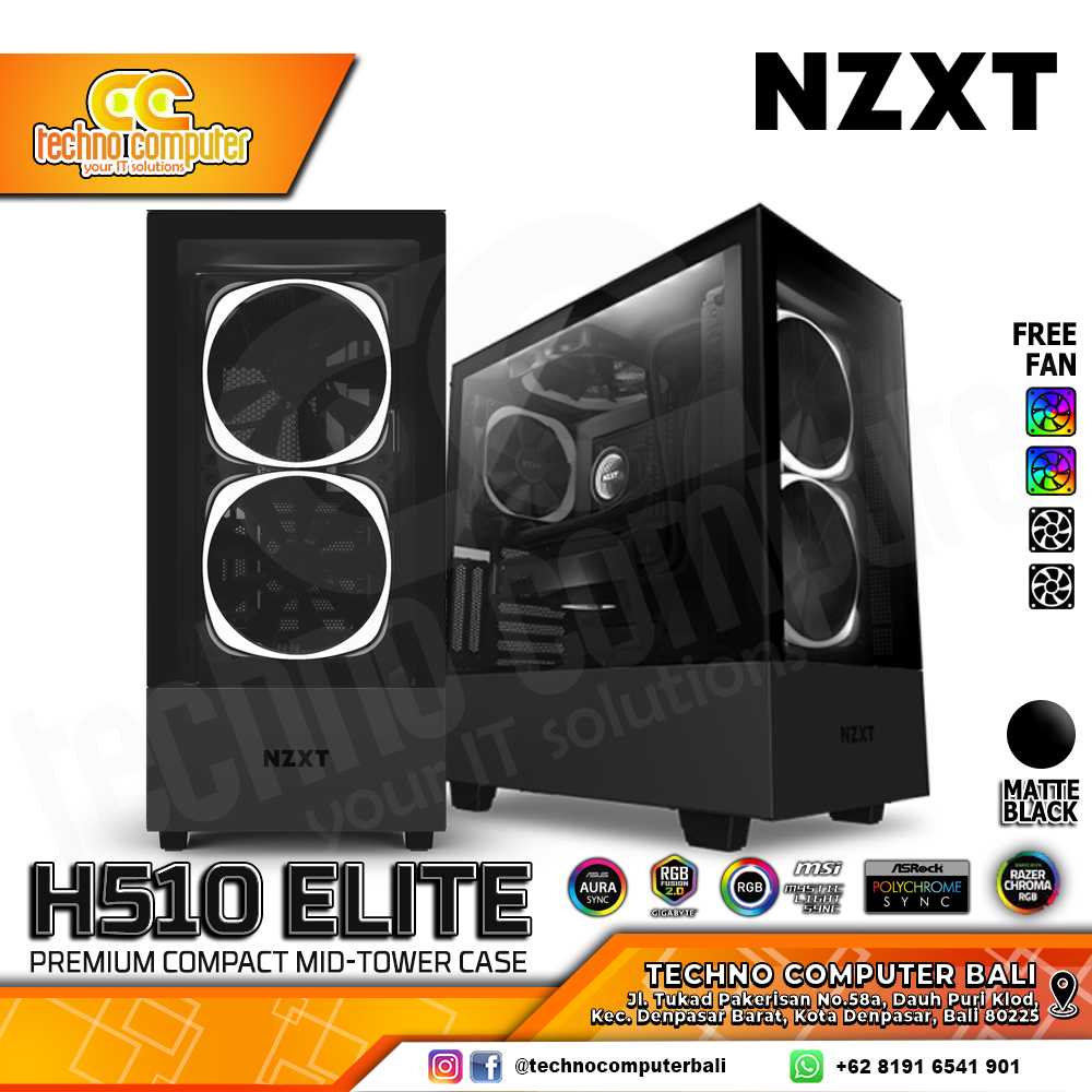 CASING NZXT H510 ELITE Matte Black - Mid Tower ATX Case Tempered Glass (Free 2x ARGB Fan)