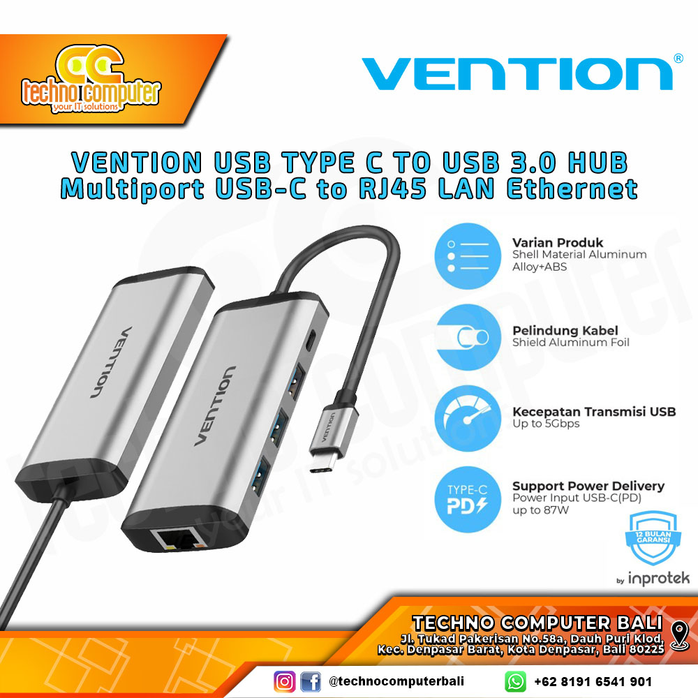 VENTION USB HUB Type-C to RJ45 USB 3.0 3x Port with Power Delivery - TGD 0.15M