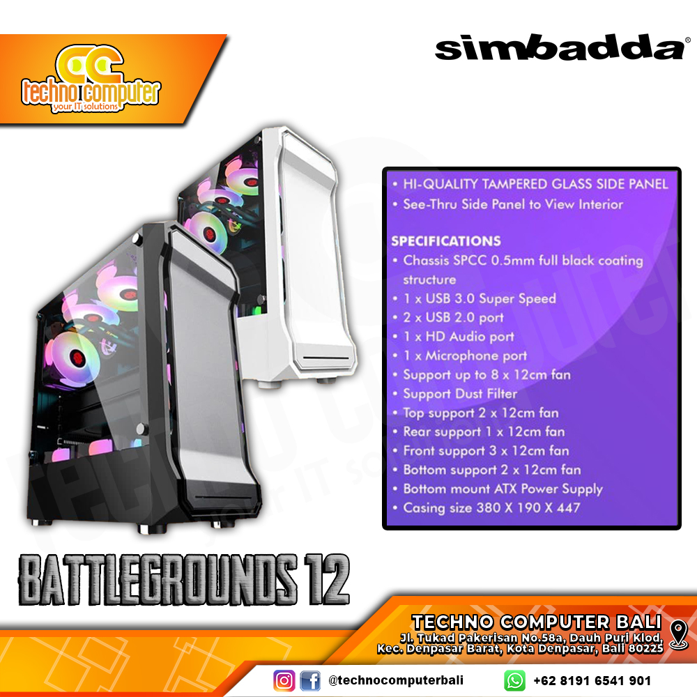 CASING SIMBADDA BATTLEGROUND 12 White - Mid Tower ATX Case Tempered Glass