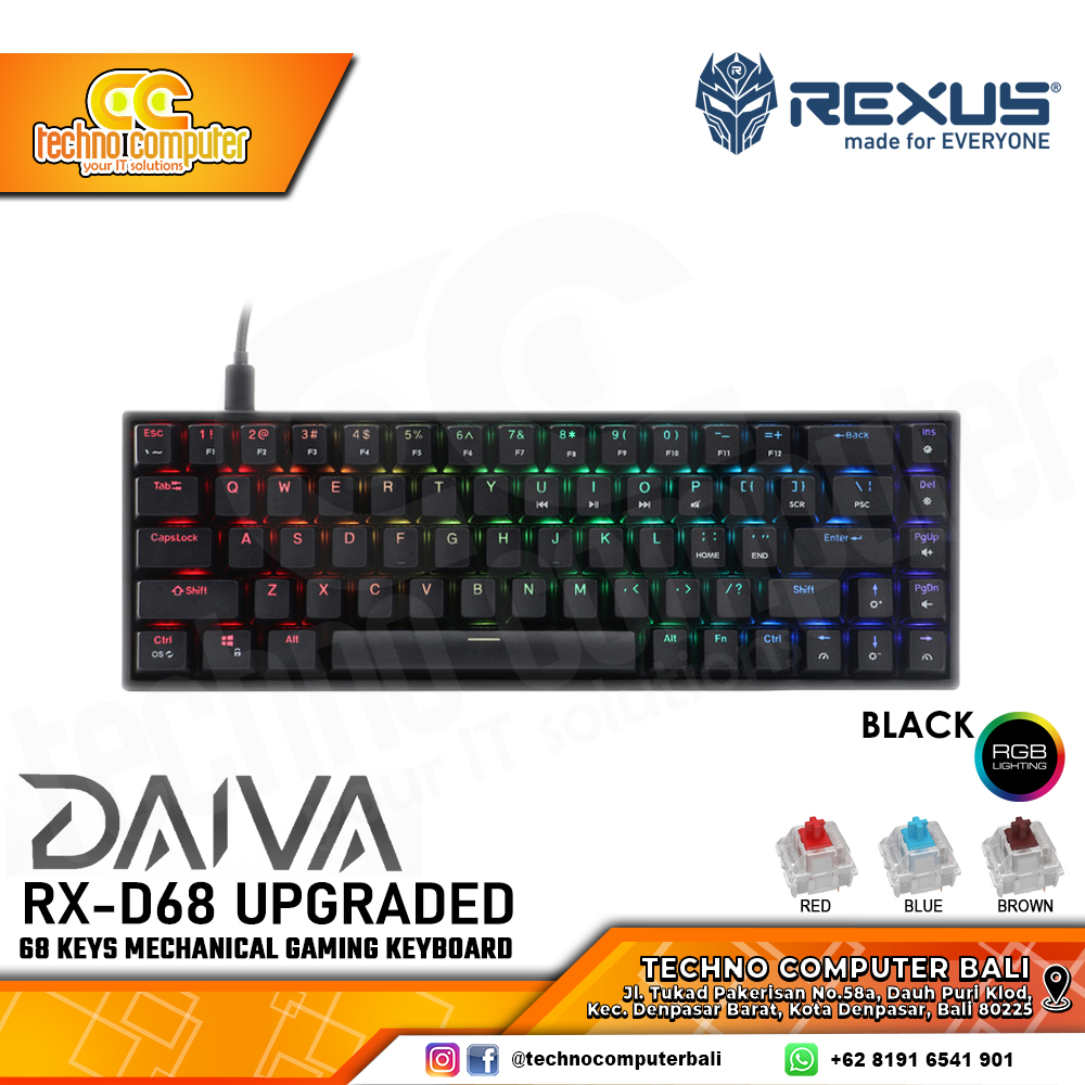 REXUS DAIVA RX-D68 Black Upgraded - Mechanical Red Switch - Gaming Keyboard