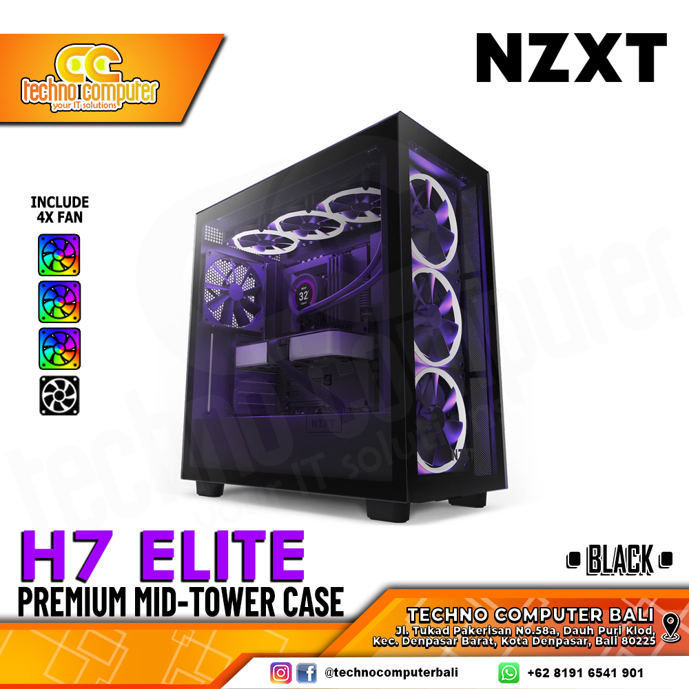 CASING NZXT H7 ELITE Edition Matte Black - Mid Tower ATX Case Tempered Glass (Free 4x ARGB Fan)