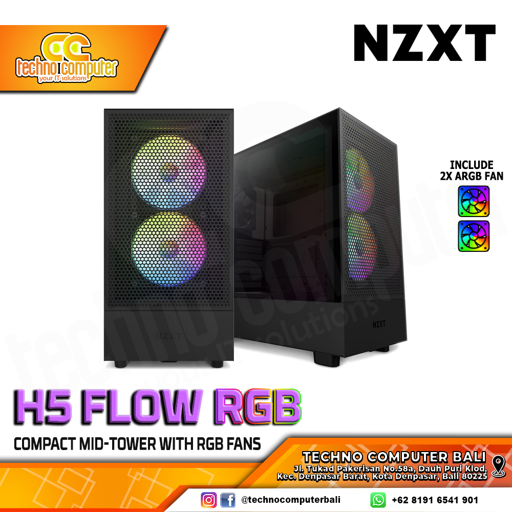 CASING NZXT H5 FLOW RGB Edition Black - Mid Tower ATX Case Tempered Glass (Free 2x ARGB Fan)