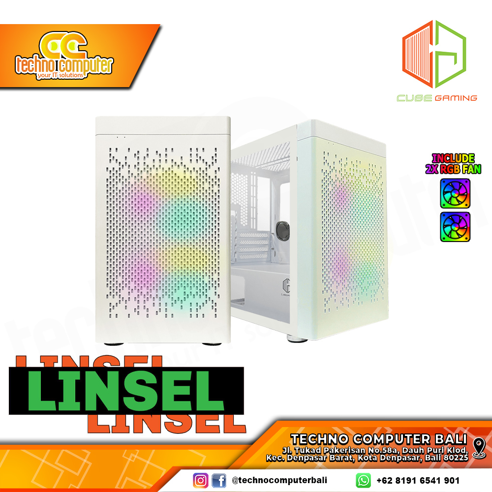 CASING CUBE GAMING LINSEL White - Mini Tower mATX Case Tempered Glass (Free 2x RGB Fan)