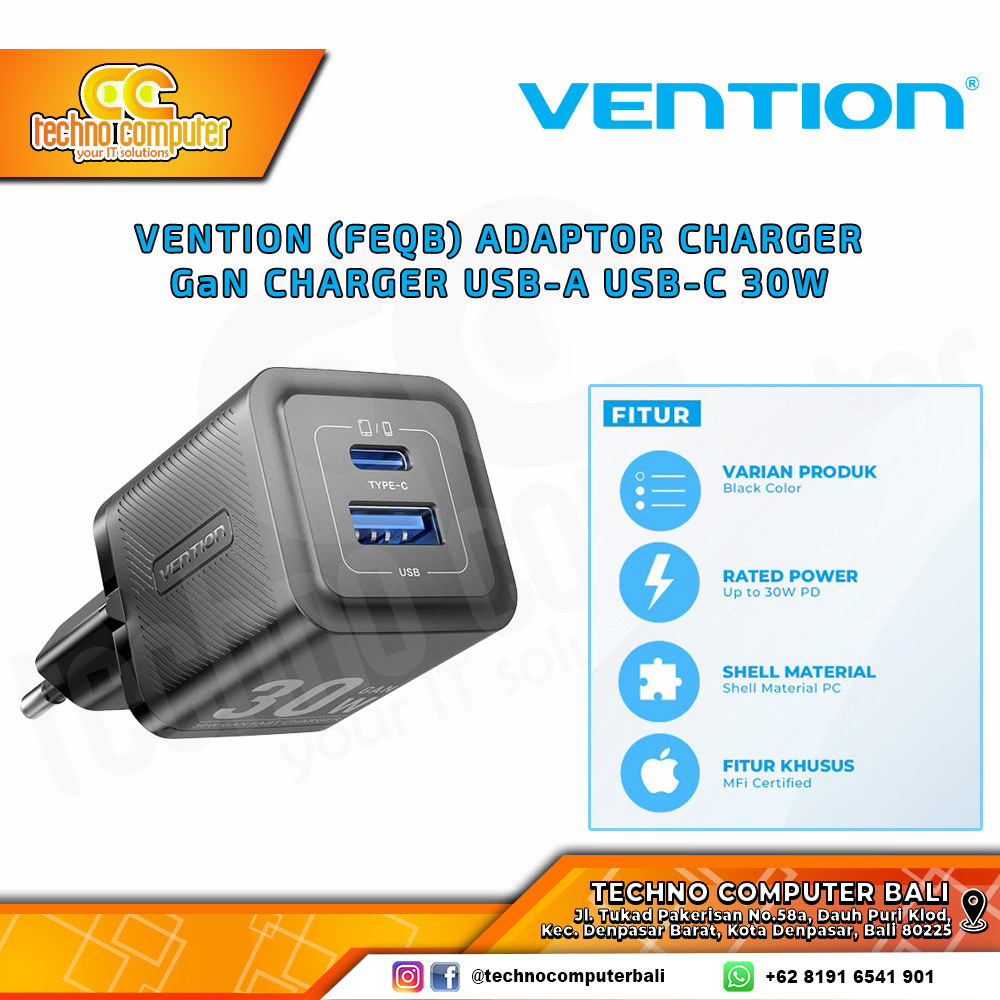 VENTION ADAPTOR CHARGER GaN FAST CHARGER USB-A USB-C 30W - FEQB0-EU BLACK