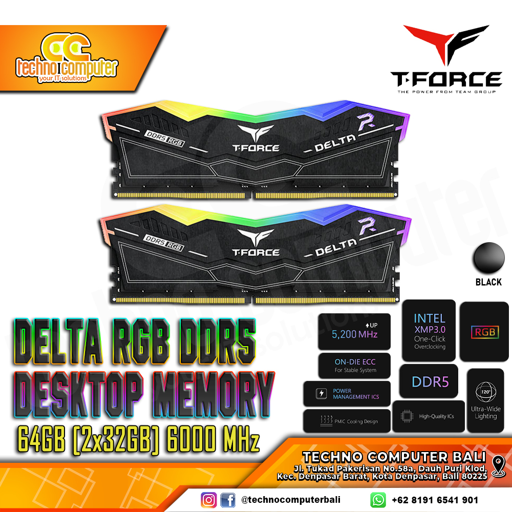 DDR5 TEAM T-FORCE DELTA RGB 64GB (2x32GB) Kit 6000Mhz CL38 - Black