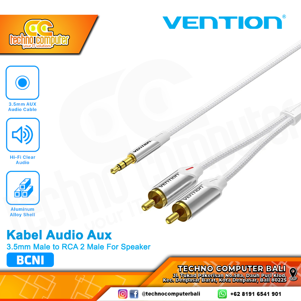 VENTION KABEL AUDIO AUX 3.5mm Male to RCA 2 Male for Speaker Braided Silver - BCN 5M